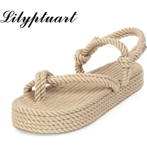 Big Size 43 on Sale Top Quality Gladiator Hemp Flat Slip on Straw Summer Womens Sandals Shoes Woman Sandals Women 2020