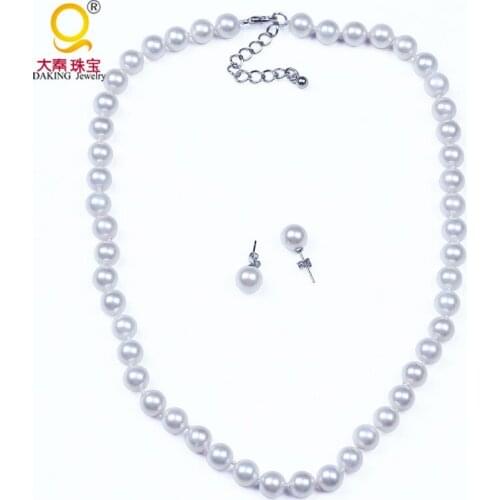 Elegant design 8mm shell necklaces earrings sets white sea shell round beads necklace clavicle necklace for women