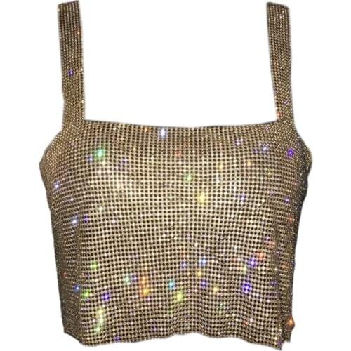 Q1QA Women Glitter Rhinestone Crop Top Metal Diamond Backless Vest Party Clubwear