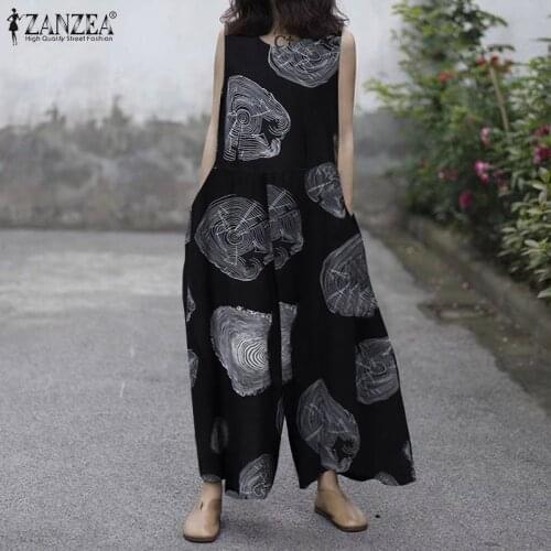 2021 ZANZEA Womens Printed Overalls Kaftan Summer Jumpsuits Casual Sleeveless Floral Rompers Female Pantalon Palazzo Oversized