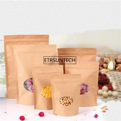 300pcs Stand up Kraft Paper Bag with Round Clear Window Food Tea Powder Party Gift Bag