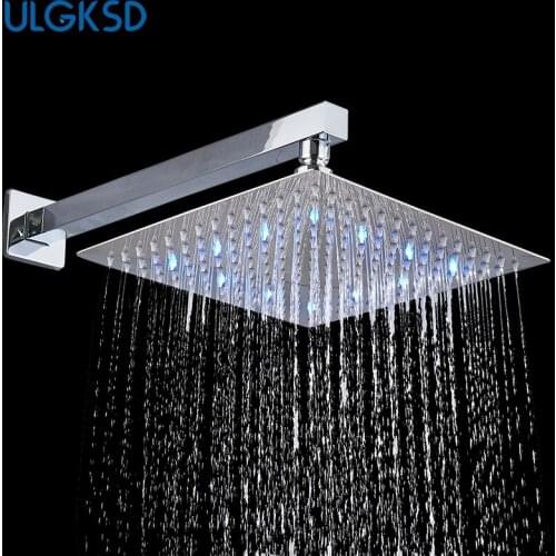 ULGKSD Chrome Black Brushed Golden Rainfall Shower Head 8/10/12/16 Inch Rain Shower Head With LED Wall Mounted