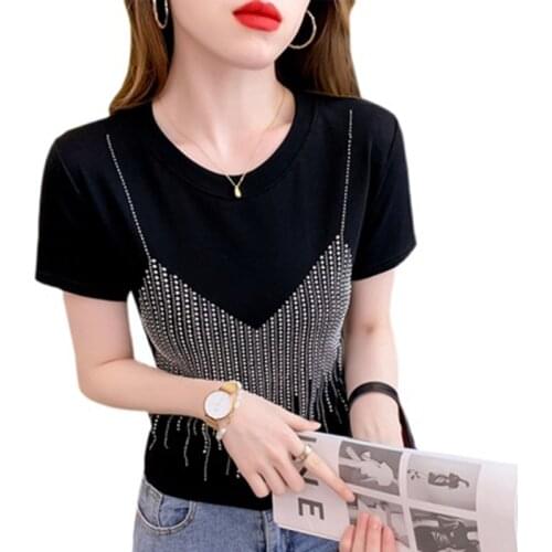 T Shirt Women 2021 Summer Tees Diamond Shirts Casual Short Sleeve Tshirt Black White T-Shirt Tops Tee Shirt Femme Vintage