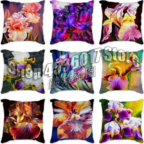 Oil paintings German iris Decoration Cushion Cover Cartoon Cushion Cover Flowers Pillows Cases Linen Pillow Home Decoration