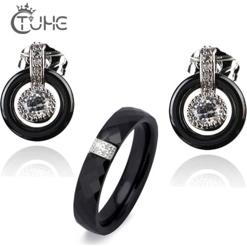 Classic Elegant Silver Color 1.0 Carat Crystal Bridal Jewelry Set African Rhinestone Wedding Ceramic Rings Earrings Sets Jewelry