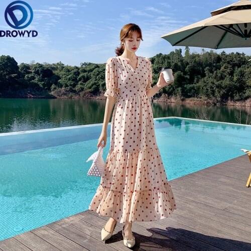 Fashion Elegant Womens Dot Print Dress Loose Casual Simple Chiffon V-neck Puff Sleeve 2021 Summer Beach Party Dresses Vestidos