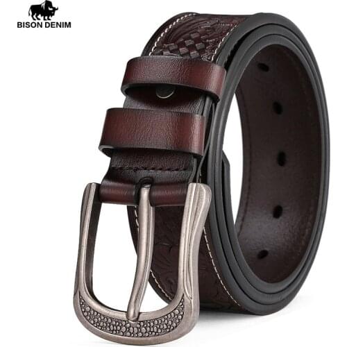 BISON DENIM Mens Belt Cow Genuine Leather Pin Buckle Leather Belt High Quality New Fashion Luxury Strap Male Belts W70253