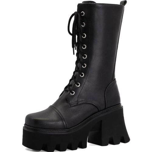 2020 New Thick-Heeled Cross-Lace Boots Round Toe Lace-Up All-Match High-Heeled Polyurethane Fleece Knee-Length Boots