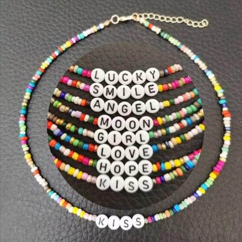 Boho Handmade DIY Africa Bead Necklace Initial Letter Lucky Love Choker Chain Colorful Beads Chain Female Beach Collar Jewelry