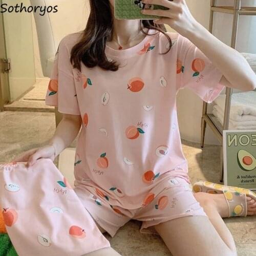 Pajama Sets Women Pear Pattern Printing Pink Slim Kawaii Girls Daily Chic Comfortable Korean Style Fashion Sleepwear Sweet Cute