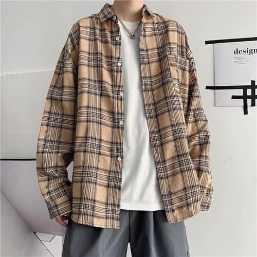 Men Oversized Cotton Plaid Shirt 2021 Man Hip Hop Patchwork Button Up Long Sleeve Shirt Couple Korean Harajuku Style Clothing