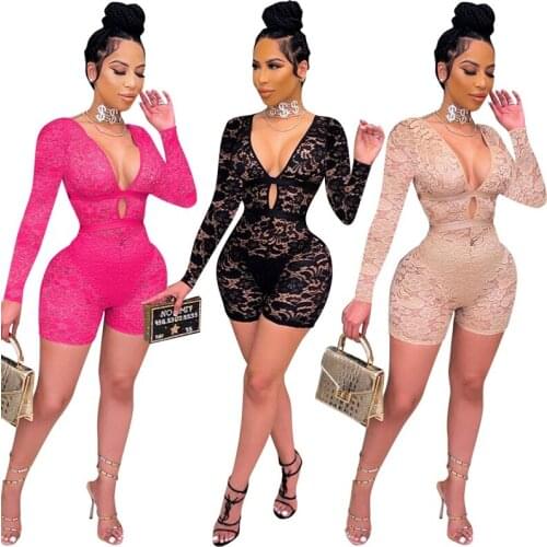 Sexy Lace Hollow Out Playsuit Deep V Neck Long Sleeve Zipper Backless Rompers Nightclub Evening Party One Piece Overall Bodycon