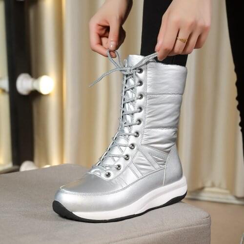 Fashion Women Winter Ankle Boots Waterproof Non Slip Footwear Ladies Snow Boots Soft Soled Lace Up Fur Shoes Black Silver Gray