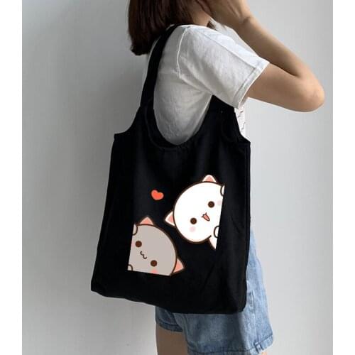 Canvas Handbag Cute Reusable Bag Foldable Canvas Bag Tote Shoulder Bags Shopper Cat Kawaii Print Beach Bag for Couples School