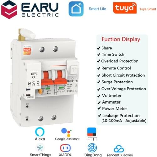 TUYA 2P 4P 10-63A 220V Smart WIFI Circuit Breaker Switch Leakage Protection Power Energy Consumption kWh Meter Voltmeter Ammeter