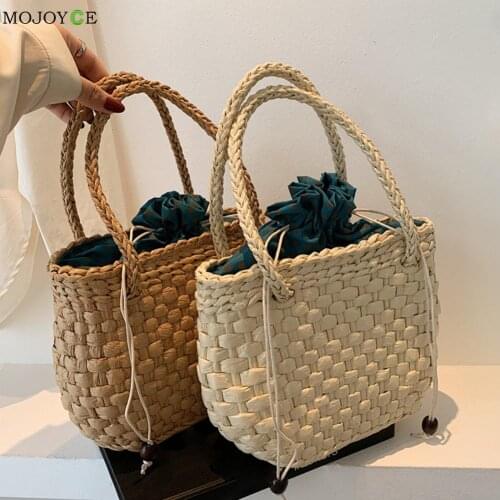 Vintage Women Summer Straw Woven Small Tote Handbag Casual Ladies Beach Vacation Solid Color Top-handle Purse Shopping Bags
