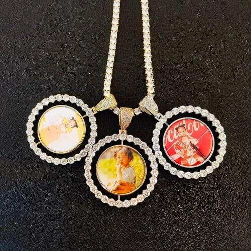 Jewelry CZ Tennis Chain Custom Gold Silver Photos Rotating Double-Sided Medallions Pendant Mens Women Hips Hops Necklace