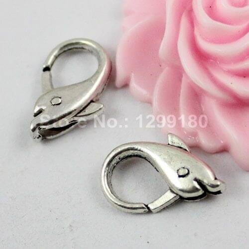 50pcs/lot Antique Silver dolphin Lobster Clasp Hooks For Necklace Bracelet Chain DIY Jewelry Accessory Findings 18x10mm (K00787)