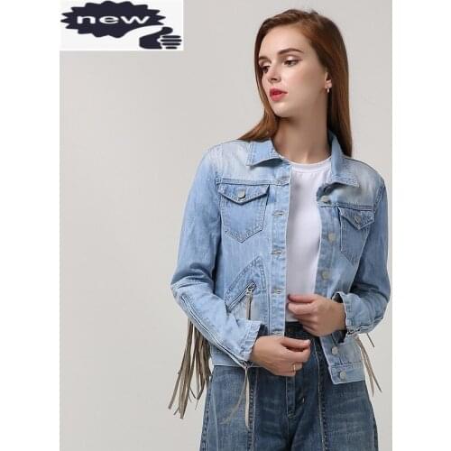 European Style Women Denim Fashion Single Breasted Tassel Outwear Pocket Zipper Jacket Streetwear Slim Fit Jean Jackets