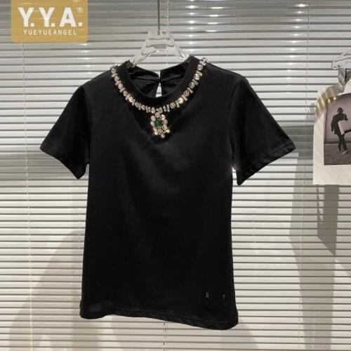 Womens Short Sleeve Casual Black T Shirt Luxury Diamonds O Neck Slim Fit Summer Tees Tops Streetwear Female Pullover T Shirts