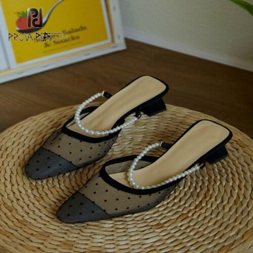 Pearl polka dot mid-heel Muller sandals female summer retro square toe fairy mesh thick heel half slippers
