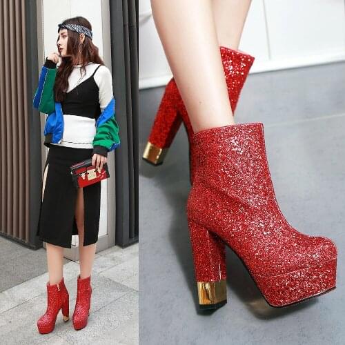 Autumn Winter Ankle Boots For Women Sexy Motorcycle Boots Chunky High Heels Platform Luxury Short Boots Silver Gold Shoes Female