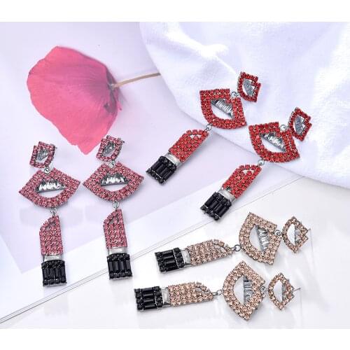 Ztech New Trendy Shiny Full Crystal Red Lips Dangle Earring Korean Rhinestone Red Mouth Elegant Long Earrings For Women Pendient