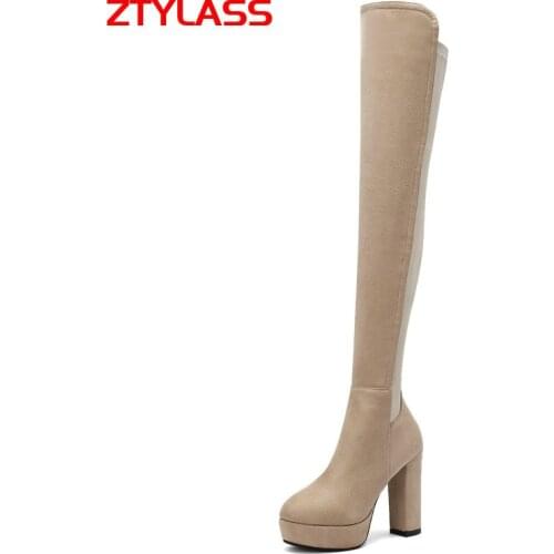 2021 Stretch Boots Fashion Platform Women Boots Square High Heel Over The Knee Boots Autumn Winter Zip Woman Boots Shoes