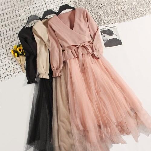 Women Autumn Flare Sleeve Pullover Lace Up Bow Dress Set Female Knitted Tops Elastic Slim High Waist Mesh Gauze Ball Gown Dress