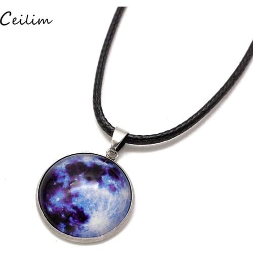 Glow In The Dark Sky Star Necklaces Women Stainless Steel Glass Pendants Long Leather Chain Necklace Dropshipping