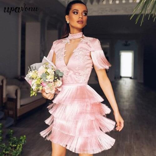 Heavy Industry Embroidered Bandage Dress Womens Sexy Stand Collar Tulle Short Sleeve Tassel Bodycon Club Dress Party Dresses
