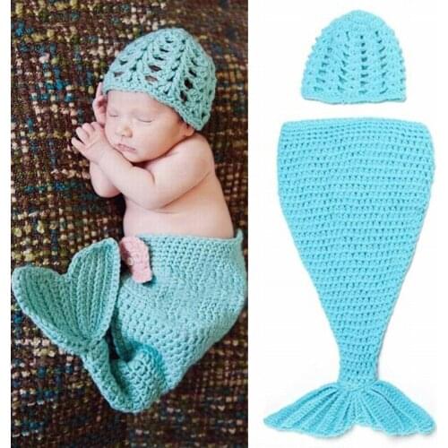 2Pcs/Set Newborn Photography Props Baby Crochet Knitted Cap And Hand-Woven Blue Fish Skirt Suit Photo Costume Props Clothes