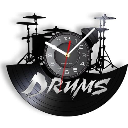 Drumset Wall Clock Made Of Real Vinyl Record Musical Instrument Drums Percussion Wall Watch With LED Illumination Artwork Decor