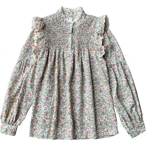 PERHAPS U Beige Long Sleeve Stand Collar Ruffle Lace Blouse Women Floral Print B0752