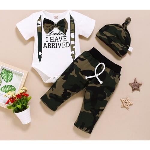 2021 Summer Newborn Baby Boys Clothes Sets Gentleman Letter Printed Short Sleeve Bodysuits + Camouflage Pants 3Pcs Baby Outfits