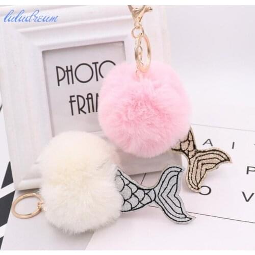 Mermaid Rabbit Fur Cony Hair Ball Pompom Charm Keychain plush Pendant Ball Keychain