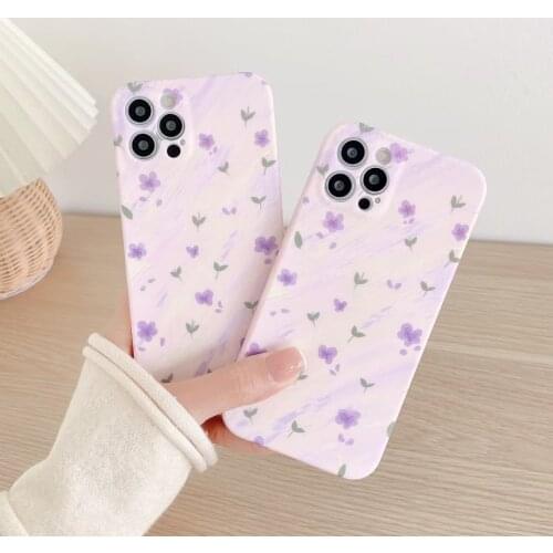 Purple Matte Flower Phone Case for iPhone 11 12 Pro Max 7 8plus Xs Max Xr Camera Protection Soft Silicon Floral Case Back Cover
