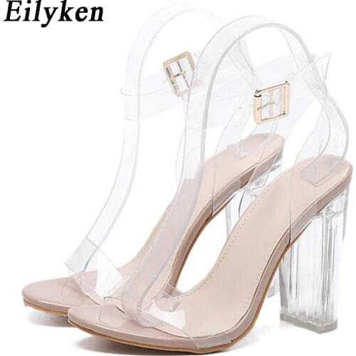 Eilyken Women Ankle Strap Sandals Perspex High Heels PVC Clear Crystal Concise Classic Buckle Strap Fashion Shoes Size 35-42