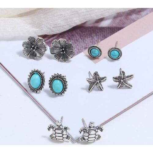 Hesiod New Fashion Vintage Geometric Stud Earrings Set For Women Girls 2019 Flower Turtle Starfish Small Earrings