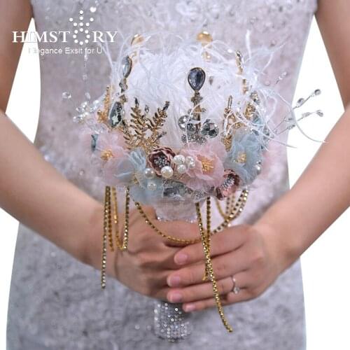 HIMSTORY Blue Feather Wedding Bouquet Sequined Tassel Sparkly Crystals Crown Designs Flower Bouquet Bride Priincess Hand Holder