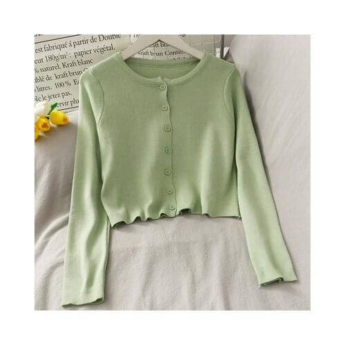 Korean Womans Knitted Sweaters Coat Spring Solid O-neck Long Sleeve Cropped Cardigan Slim Single-Breasted Short Knit Outwear