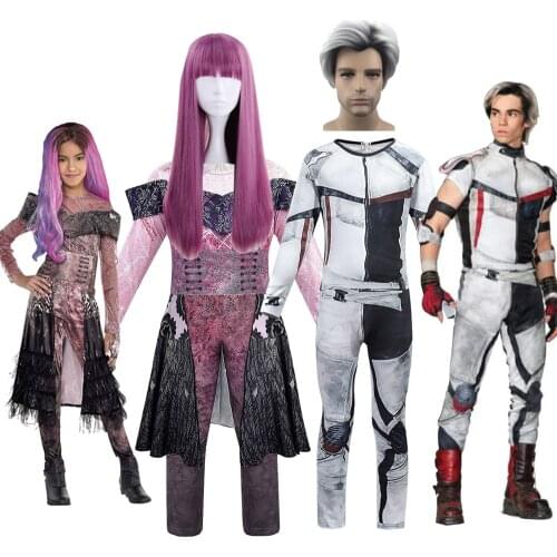 Movie Descendants 3 Mal Bertha Maleficent Long Live Evil Straight Purple adult Wig + Jumpsuits Carlos halloween cosplay costume