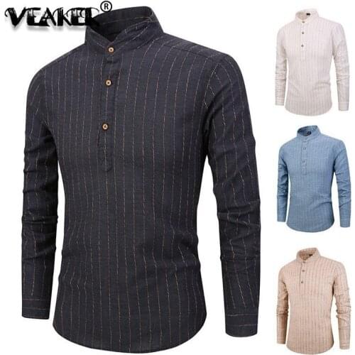Fashion New Cotton Linen Shirts Men Long Sleeve Stand Collar Shirts Male Striped Classic-fit Comfort Soft Casual Male Shirt Tops