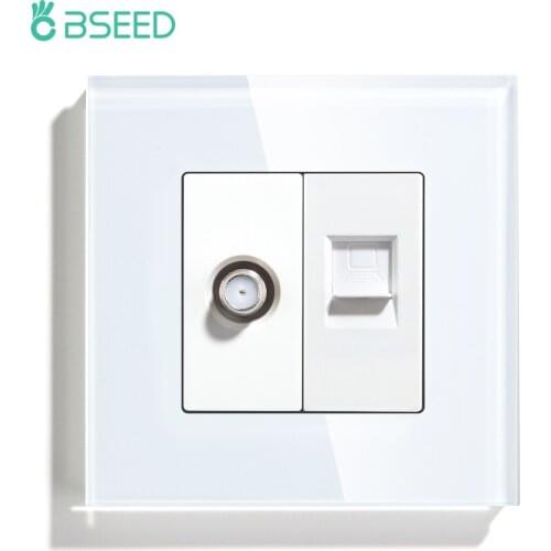 BSEED EU Standard Satellite PC Wall Socket Internet CAT5 Network Antenna Power Outlet Crystal Glass Panel 86*86mm