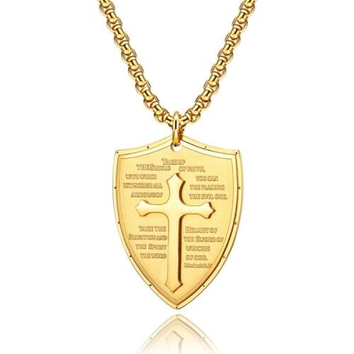 WENDYFO New Arrive Stainless Steel Cross Bible Shield Necklace & Pendant For Men Summer Religious Chain Necklace Male Jewelry