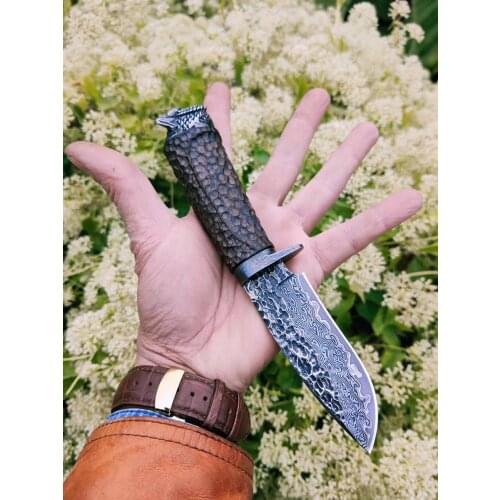 Damascus steel VG10 steel owl head handleStraight Knife Hunting Knife Outdoor Camping Self-defense Tools