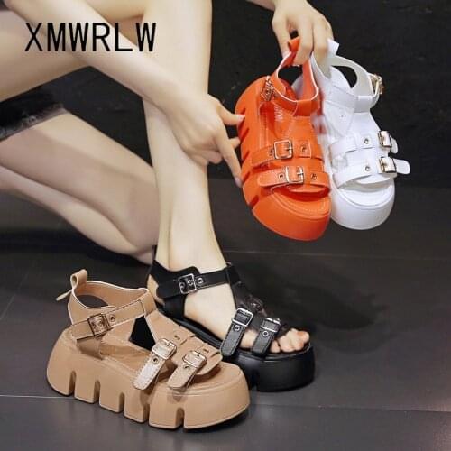 XMWRLW Women Summer Sandals PU Leather Fashion Buckle High Heels Shoes For Women Summer Shoes Solid Color Female Sandals Shoe