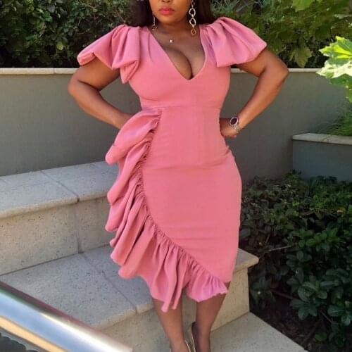 Sexy Dresses For Women 2021 New Summer Pink Ruffles Bodyycon V Neck Solid Elegant Evening Night Party Vestidos Dresses Wholesale