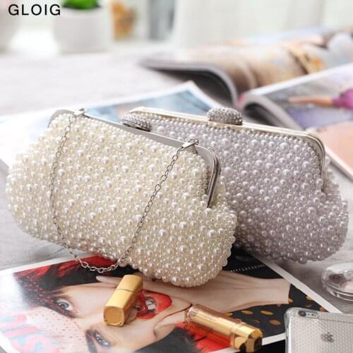 Embroidery Beaded Women Evening Bag Chain Diamonds Metal Pearl Wedding Handbags Clutch Party Purse Vintage Holder