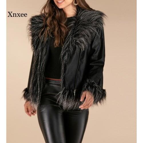 Women Winter Warm Faux Leather Patchwork Jackets with Fur Collar Lady Black Motorcycle Biker Outerwear Ladies Punk Coats Outwear